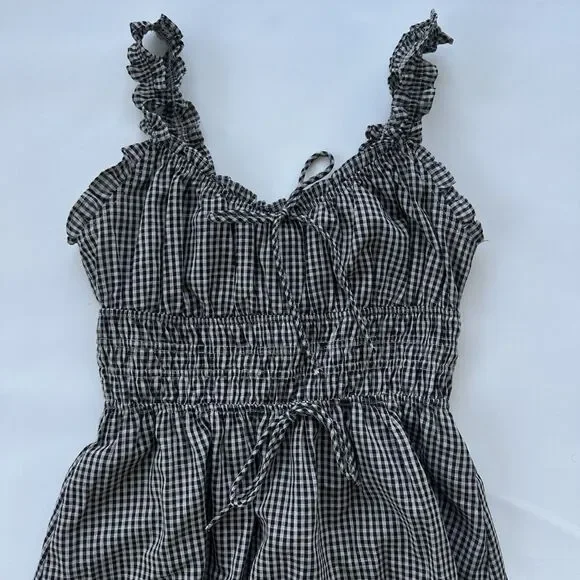 Storia Gingham Midi Dress Size Medium Black White Elastic Tie Waist - Picture 5 of 9